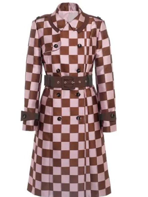 Lily Collins Emily In Paris S04 Pink Brown Checkered Trench Coat.