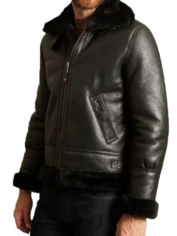 Men’s B-3 Black Sheepskin Leather Bomber Jacket