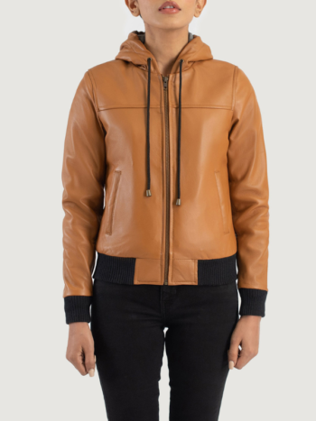 Rebella Brown Hooded Leather Bomber Jacket.