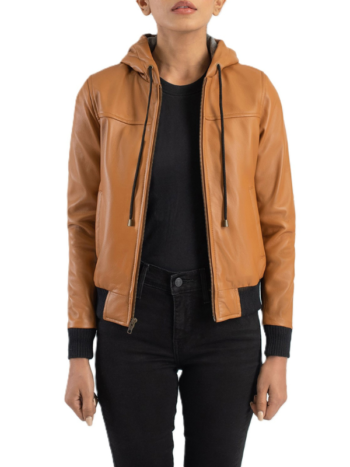 Rebella Brown Hooded Leather Jacket.