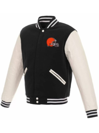 Black White Cleveland Browns NFL Varsity Jacket.