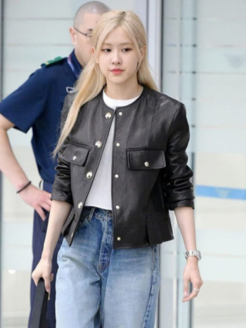 Blackpink Rose Black Collarless Leather Jacket