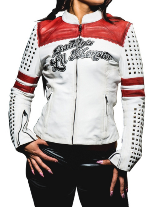 Harley Quinn Daddy’s Lil Monster White Leather Jacket.