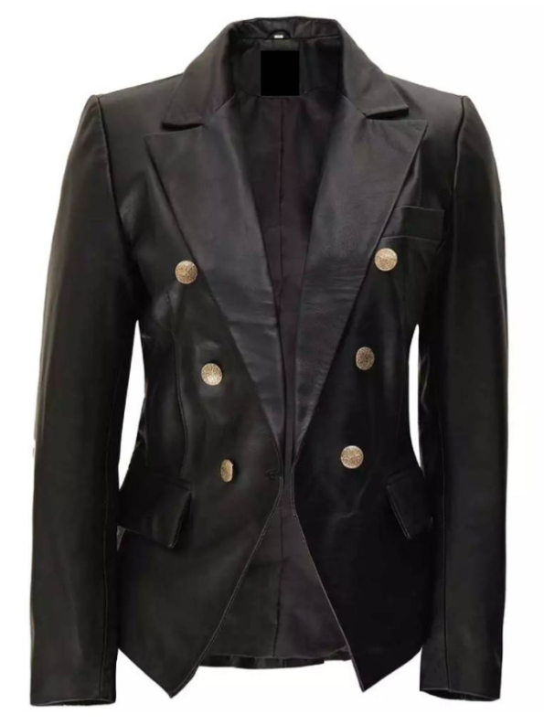 Kim Women’s Double Breasted Black Leather Blazer.