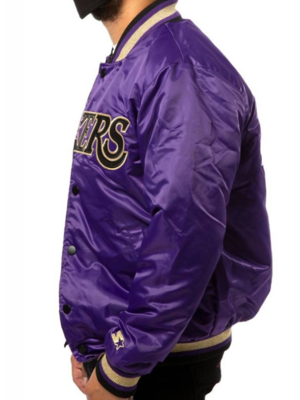 La Lakers Black And Purple Satin Bomber Jacket.