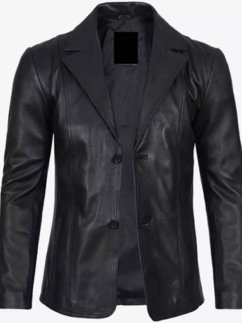 Mens Notch Lapel Two Button Black Leather Blazer.