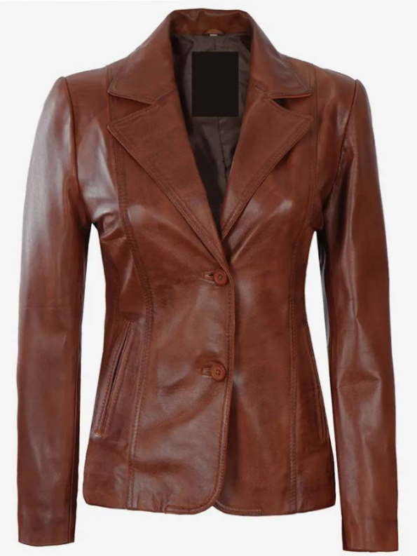 Premium Two Button Cognac Leather Blazer For Women.