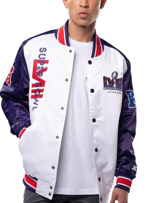 Super Bowl LVIII Las Vegas White Varsity Jacket.