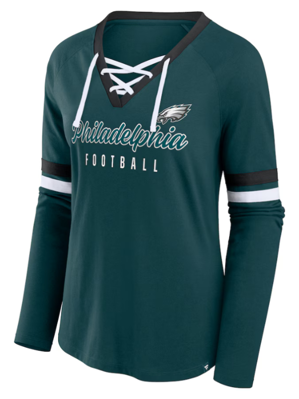 Women's Philadelphia Eagles Fanatics Midnight Green Won and Done Lace-Up Long Sleeve Fashion Top.