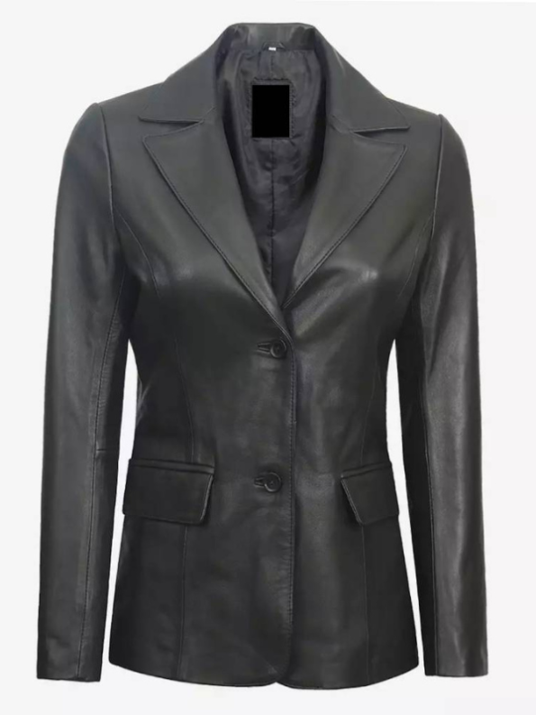 Womens Two Button Black Leather Blazer.