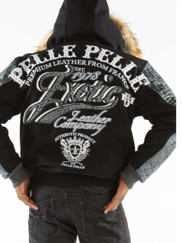 Black Pelle Pelle Exotic Fur Hood Wool Leather Jacket.