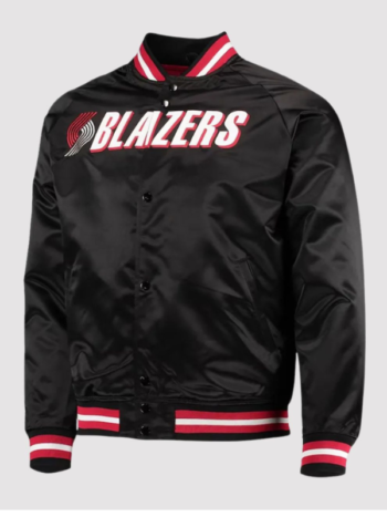 Black Portland Trail Blazers Throwback Wordmark Satin Jacket.