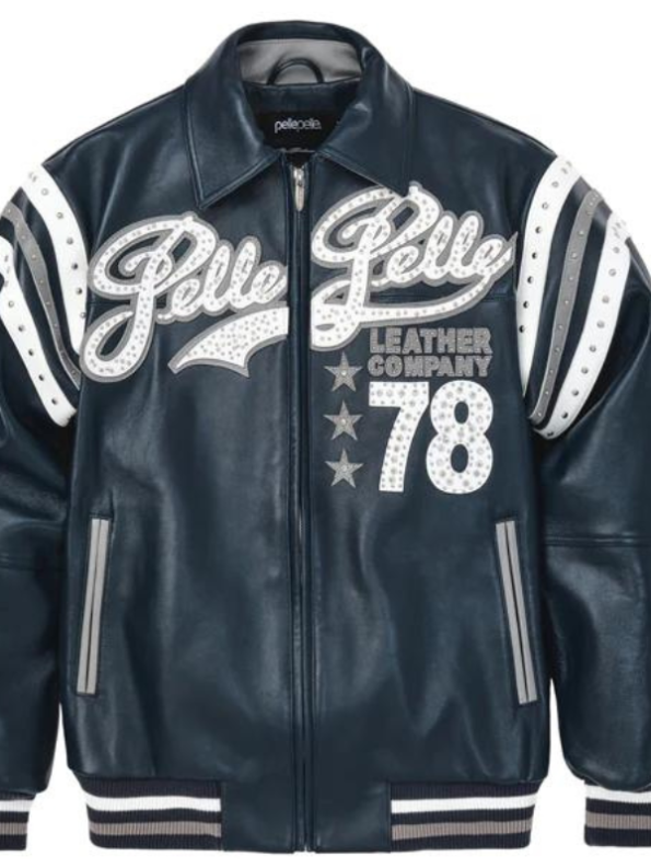 Men Pelle Pelle Encrusted Varsity Blue Plush Jacket.