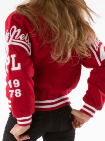 Pelle Pelle Cropped Red Varsity Bomber Jackets.