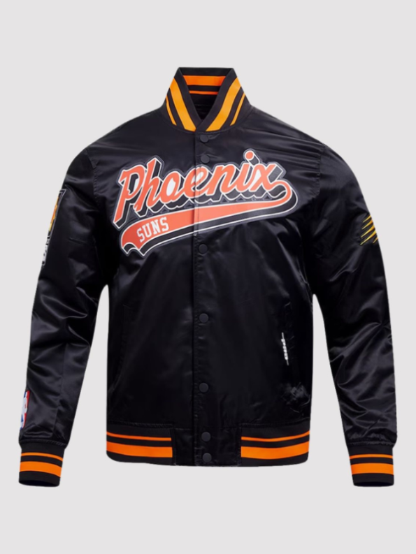 Phoenix Suns Script Tail Black Varsity Jacket.