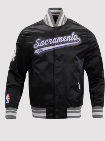 Sacramento Kings Script Tail Black Varsity Jacket.