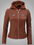 Womens Cafe Racer Detachable Leather Hooded Jacket.