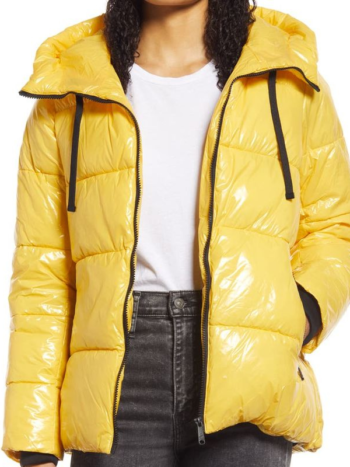 Yellow Polyester Hooded Puffer Jacket.