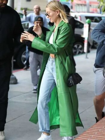 Hailey Bieber LA Street Style Green Leather Coat