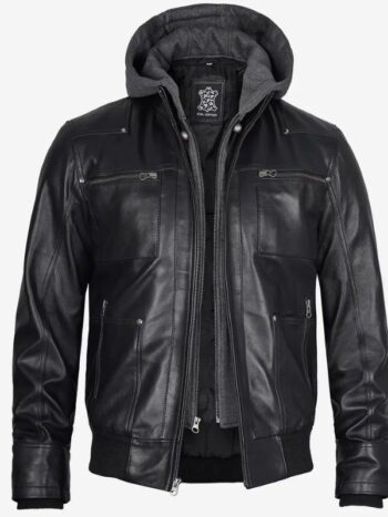 Men's Black Leather Jacket with Removable Hood