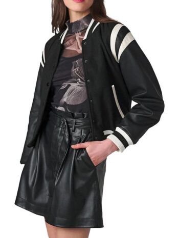 Black Varsity Letterman jackets for Women With Leather Sleeves