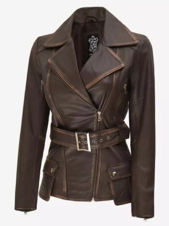 Womens Asymmetrical Dark Brown Rub Off Leather Belted Jacket