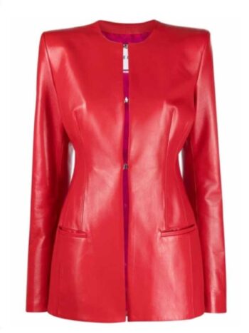 Women’s Red Collarless Leather Jacket.