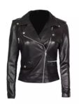 Amber Women’s Black Leather Asymmetrical Moto Jacket.