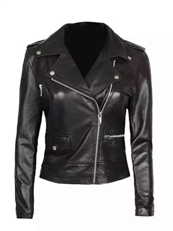 Amber Women's Black Leather Asymmetrical Moto Jacket.