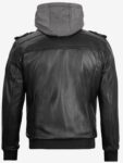 Men’s Black Leather Jacket with Grey Removable Hood