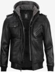 Men’s Black Leather Jacket with Grey Removable Hood