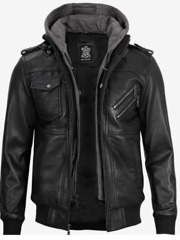 Men's Black Leather Jacket with Grey Removable Hood