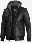 Men’s Black Leather Jacket with Grey Removable Hood