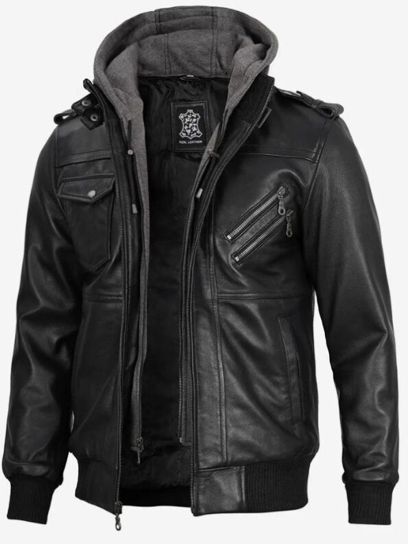 Men's Black Leather Jacket with Removable Hood