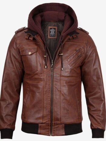 Mens Brown Leather Bomber Jacket With Removable Hood.