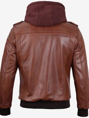 Mens Brown Leather Bomber Jacket With Removable Hood