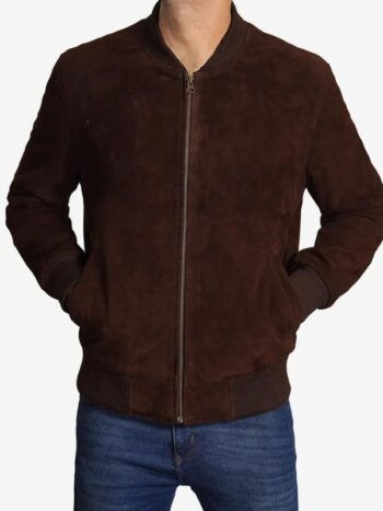 Men's Dark Brown Suede Bomber Jacket