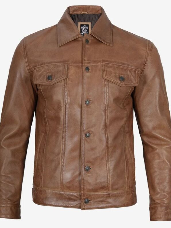 Men's Real Leather Camel Brown Trucker Jacket.