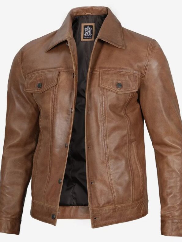 Men's Real Leather Camel Brown Trucker Jacket.