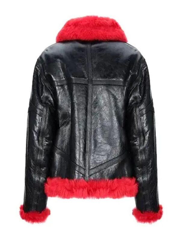 Women Red Faux Fur Aviator Jacket