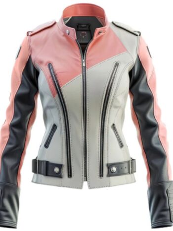 Women’s Ash Grey Pink Sheepskin Leather Moto Jacket.