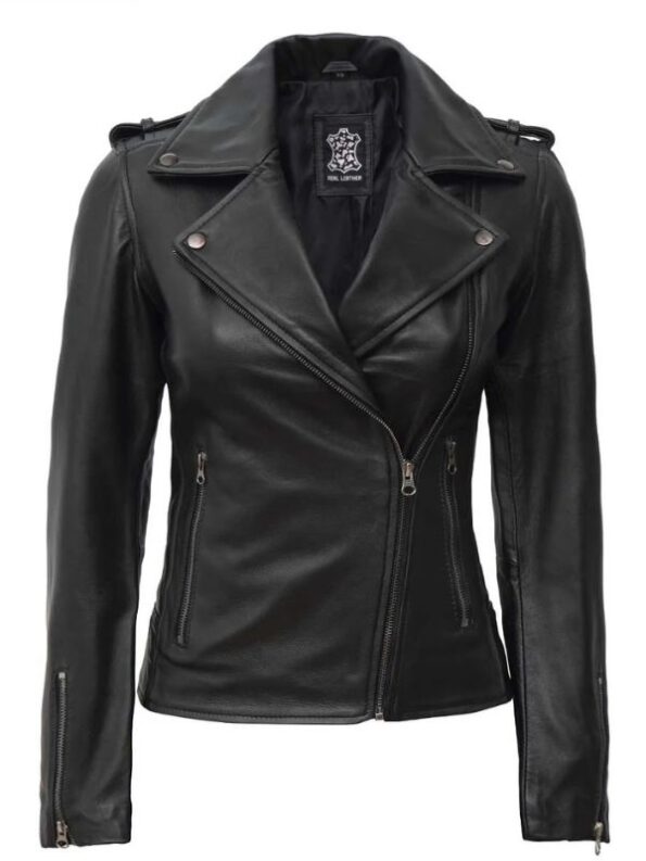 Women's Black Asymmetrical Biker Style Leather Jacket.