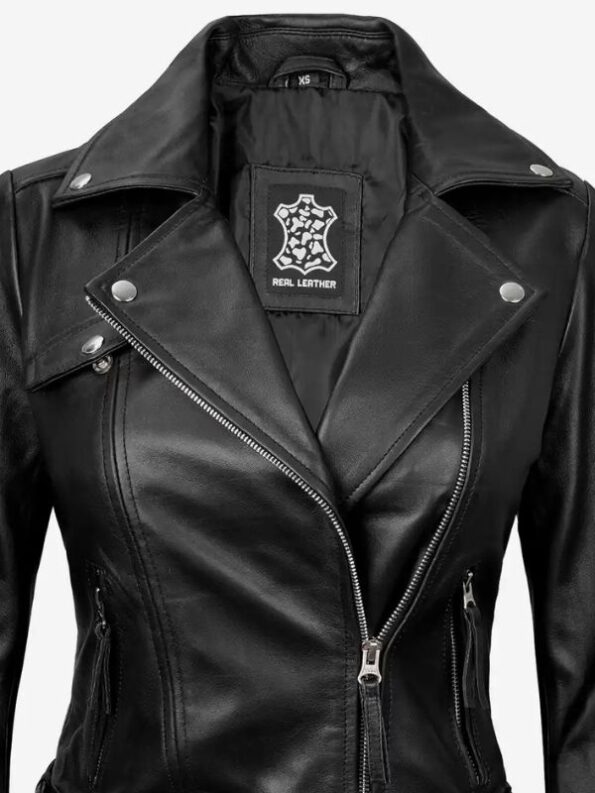 Women's Black Asymmetrical Leather Motorcycle Jacket.