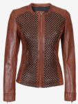 Women;s Brown Textured Leather Biker Jacket.