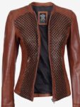 Women;s Brown Textured Leather Biker Jacket.