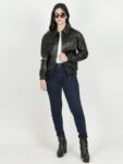 Womens Classic Shirt Collar Oversized Black Bomber Leather Jacket.