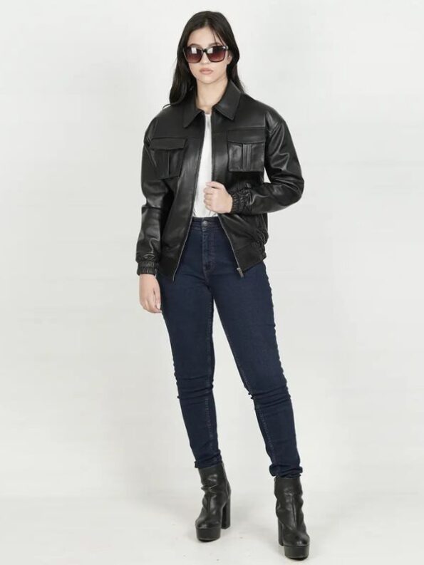 Womens Classic Shirt Collar Oversized Black Bomber Leather Jacket.