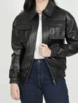 Womens Classic Shirt Collar Oversized Black Bomber Leather Jacket.