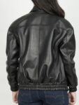 Womens Classic Shirt Collar Oversized Black Bomber Leather Jacket.