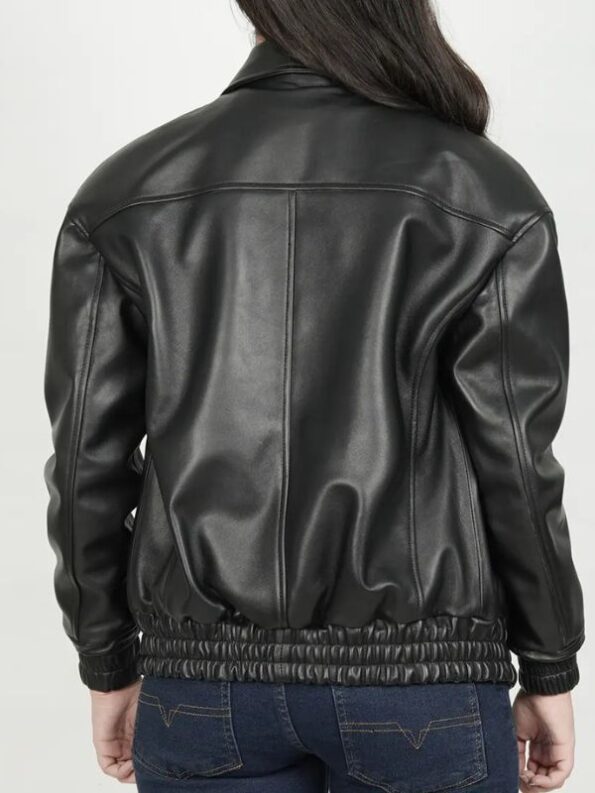 Womens Classic Shirt Collar Oversized Bomber Leather Jacket